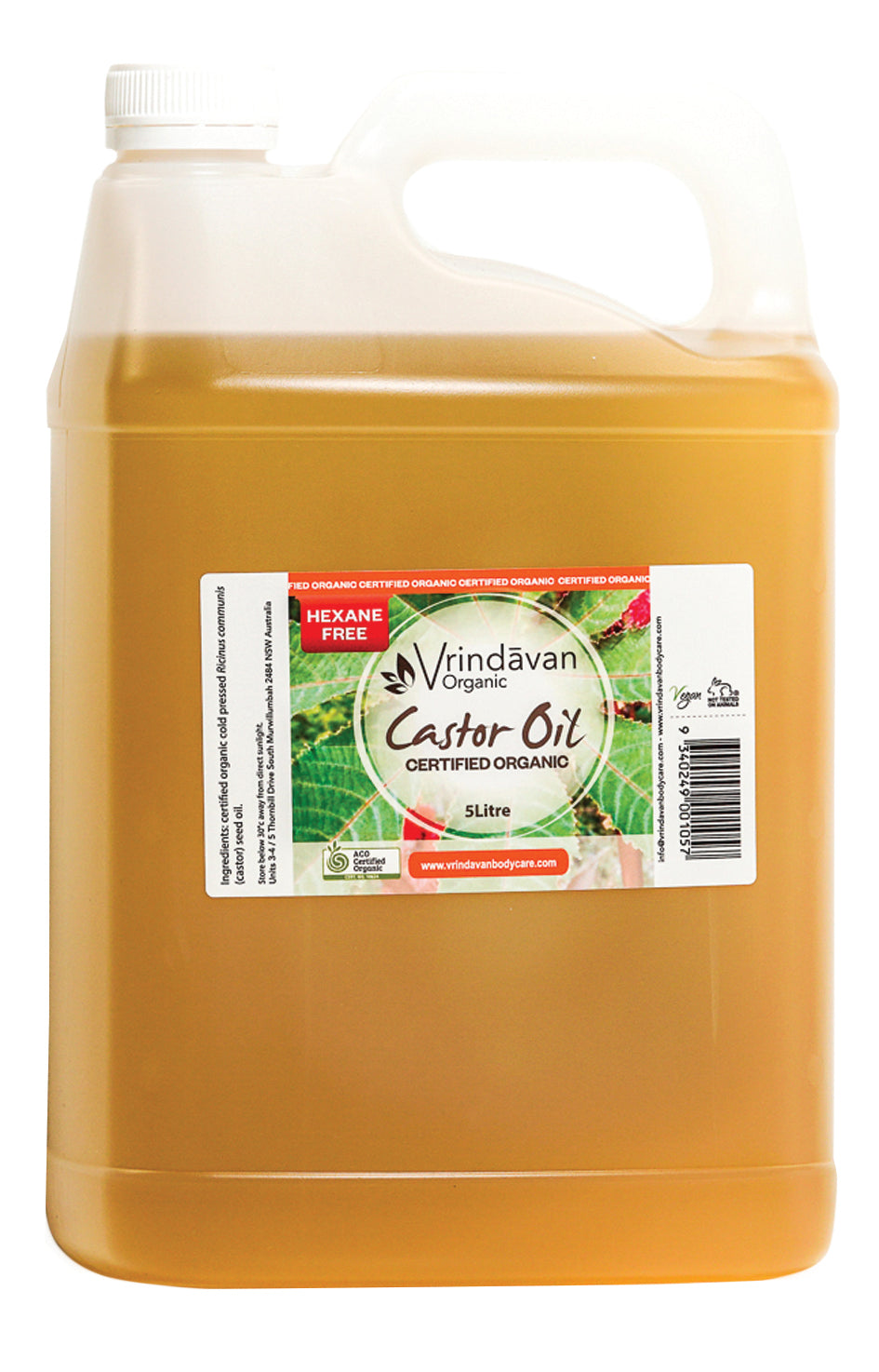 Castor Oil - Certified Organic - 5L - Hexane Free & Cold Pressed